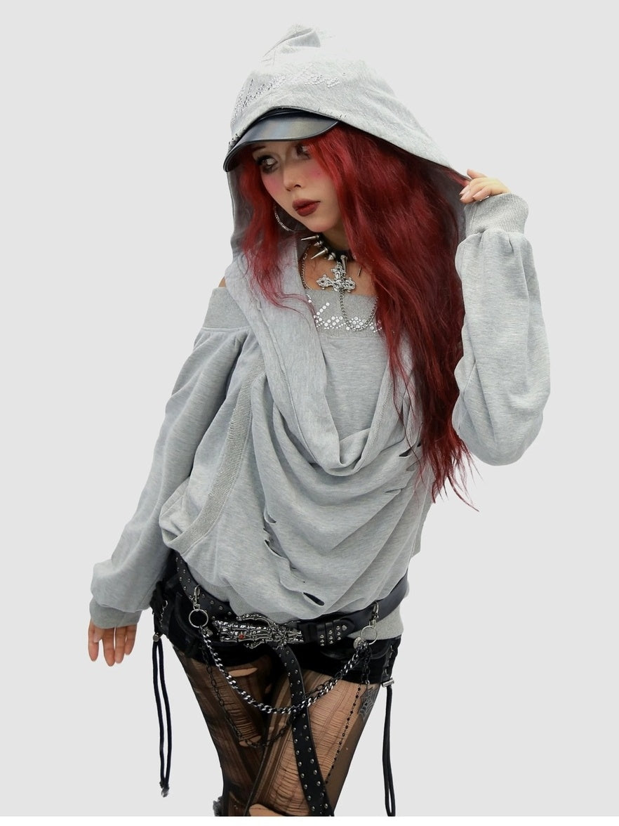 NANAICHILLI Cozy Oversized Pullover Street Style Hooded Long Sleeve Plain Gray Hoodies