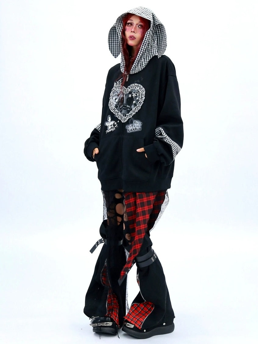 NANAICHILLI Cozy Oversized Zip Up Cartoon Anime Streetwear Casual Beige Black Hoodies