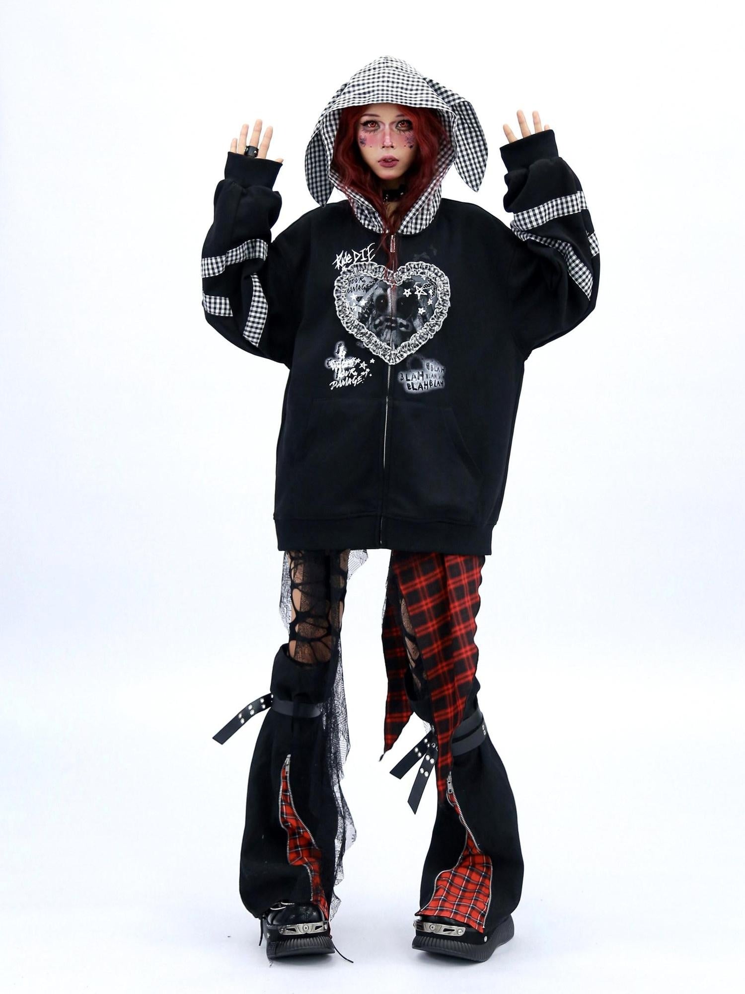 NANAICHILLI Cozy Oversized Zip Up Cartoon Anime Streetwear Casual Beige Black Hoodies