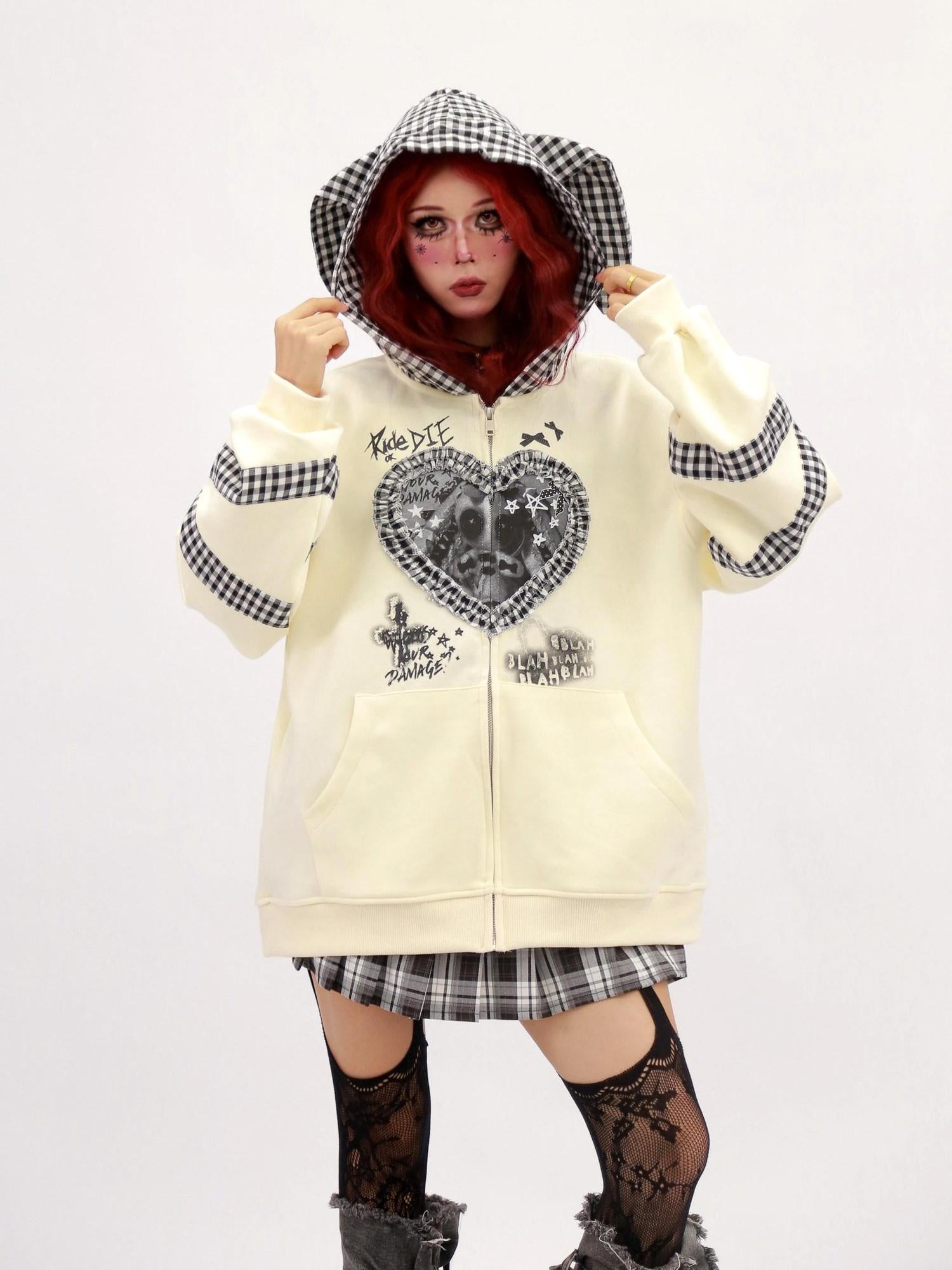 NANAICHILLI Cozy Oversized Zip Up Cartoon Anime Streetwear Casual Beige Black Hoodies