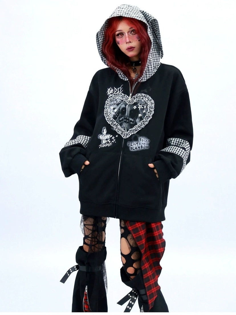 NANAICHILLI Cozy Oversized Zip Up Cartoon Anime Streetwear Casual Beige Black Hoodies