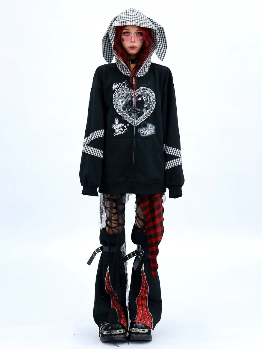 NANAICHILLI Cozy Oversized Zip Up Cartoon Anime Streetwear Casual Beige Black Hoodies