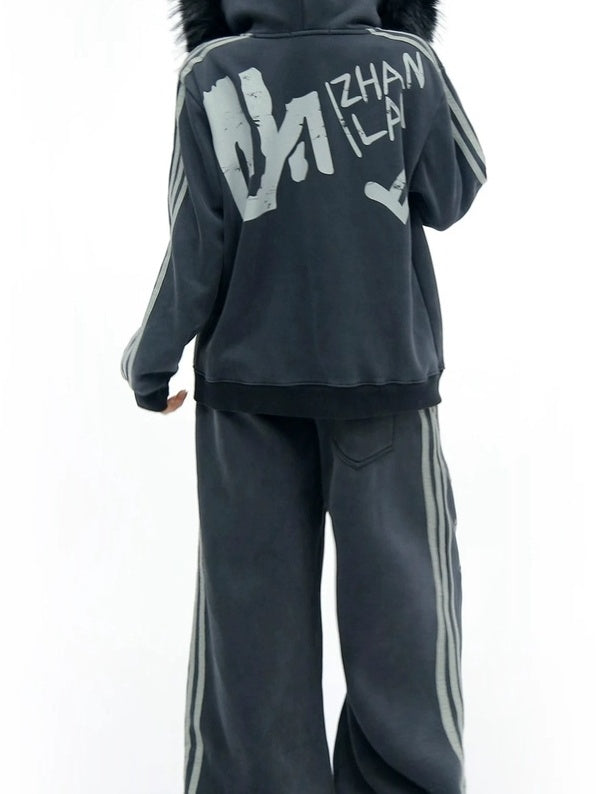 NANAICHILLI Cozy Zip Hooded Sweatshirt With Straight Leg Pants Unisex Loungewear Set