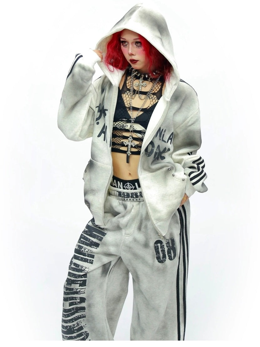 NANAICHILLI Cozy Zip Hooded Sweatshirt With Straight Leg Pants Unisex Loungewear Set