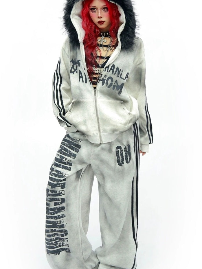 NANAICHILLI Cozy Zip Hooded Sweatshirt With Straight Leg Pants Unisex Loungewear Set