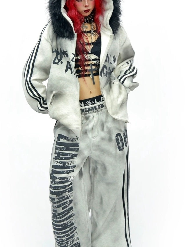 NANAICHILLI Cozy Zip Hooded Sweatshirt With Straight Leg Pants Unisex Loungewear Set