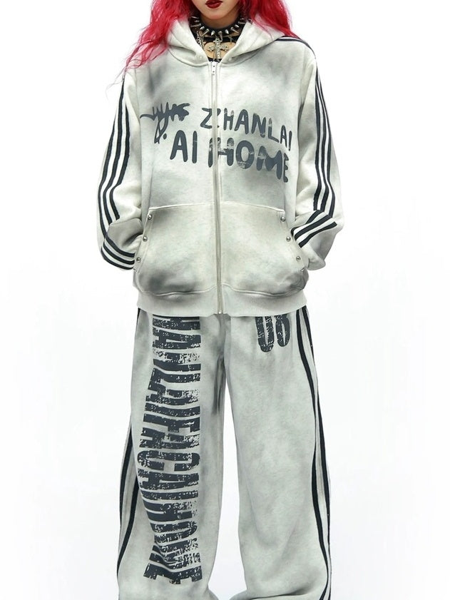 NANAICHILLI Cozy Zip Hooded Sweatshirt With Straight Leg Pants Unisex Loungewear Set