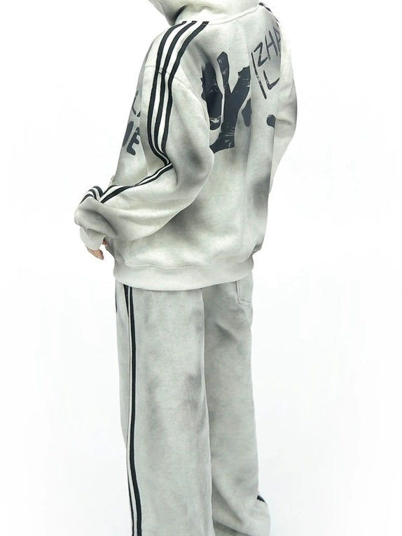 NANAICHILLI Cozy Zip Hooded Sweatshirt With Straight Leg Pants Unisex Loungewear Set