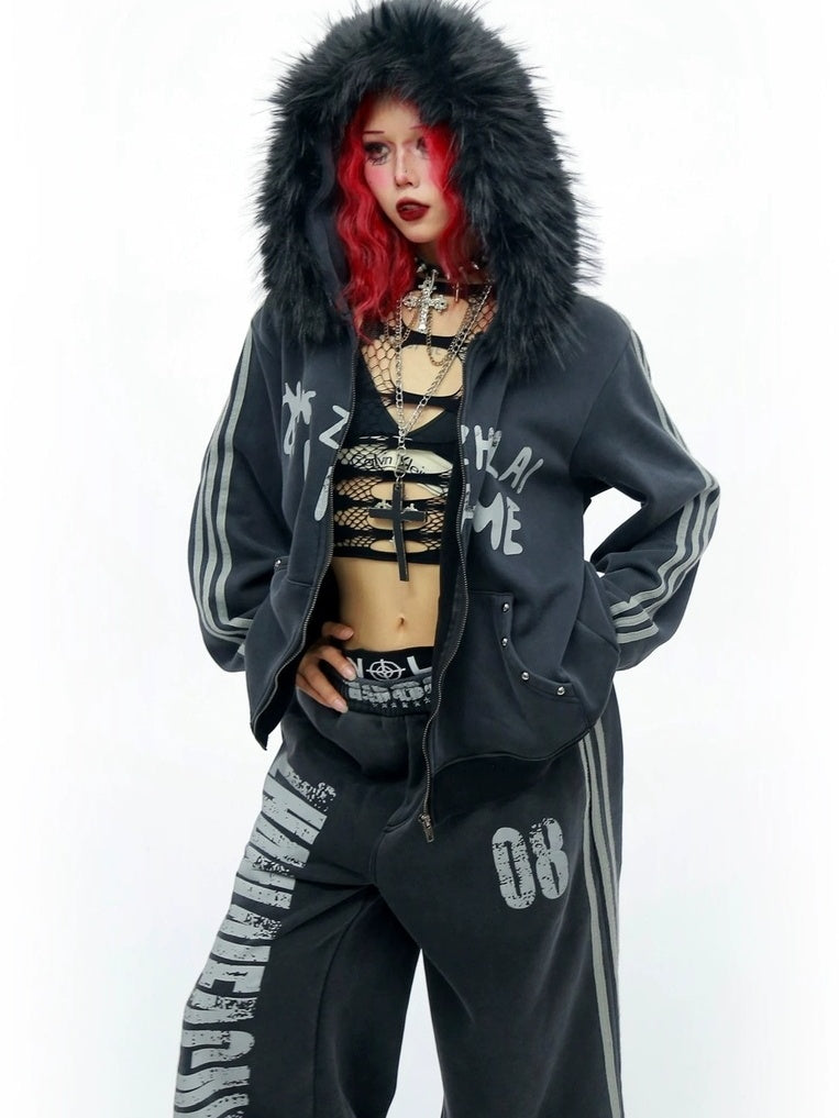 NANAICHILLI Cozy Zip Hooded Sweatshirt With Straight Leg Pants Unisex Loungewear Set