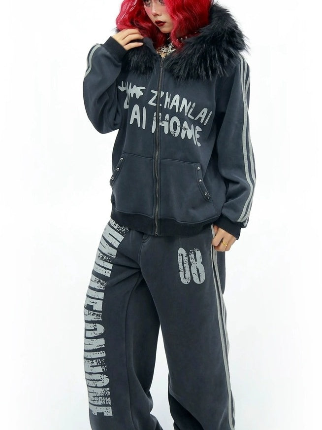 NANAICHILLI Cozy Zip Hooded Sweatshirt With Straight Leg Pants Unisex Loungewear Set