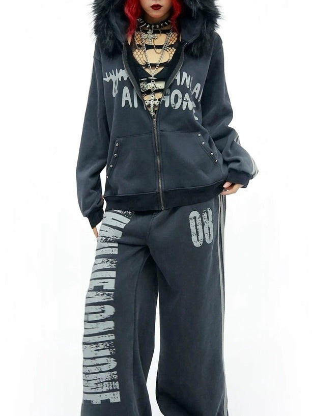 NANAICHILLI Cozy Zip Hooded Sweatshirt With Straight Leg Pants Unisex Loungewear Set