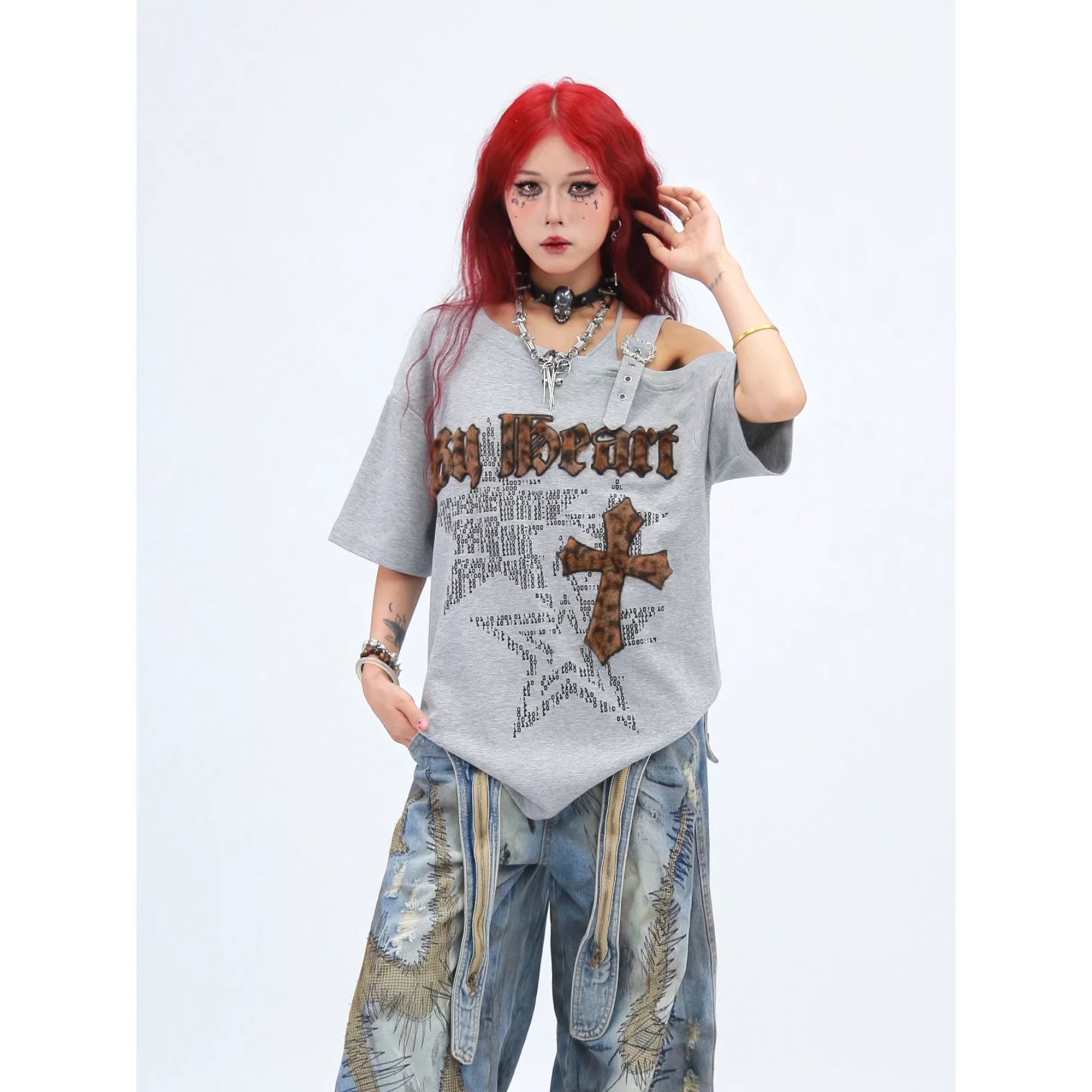 NANAICHILLI_Creative_Cotton_92%_Printed_Loose_Street_Slanted_Neck_Grey_Brown_T-Shirt_MISSTT