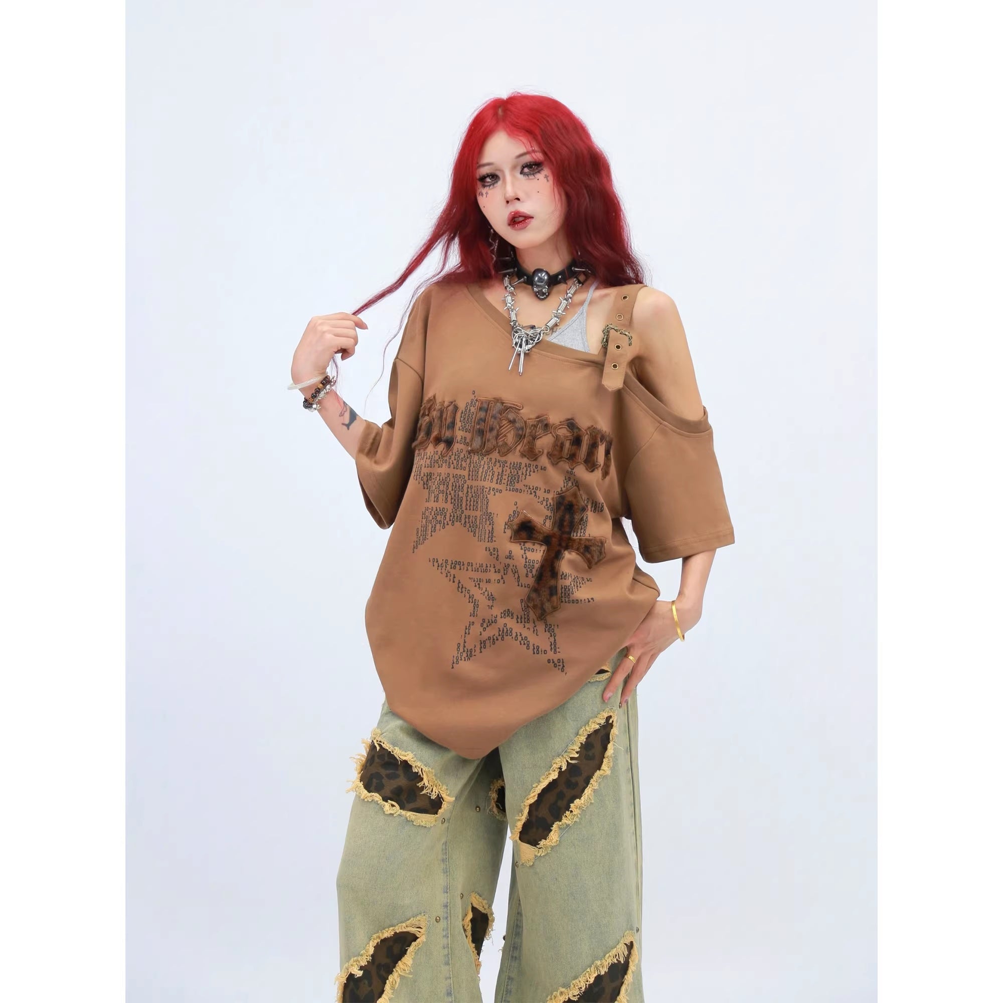 NANAICHILLI_Creative_Cotton_92%_Printed_Loose_Street_Slanted_Neck_Grey_Brown_T-Shirt_MISSTT