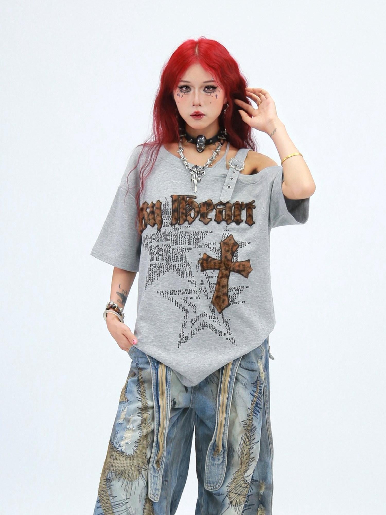 NANAICHILLI Creative Cotton 92% Printed Loose Street Slanted Neck Grey Brown T-Shirt