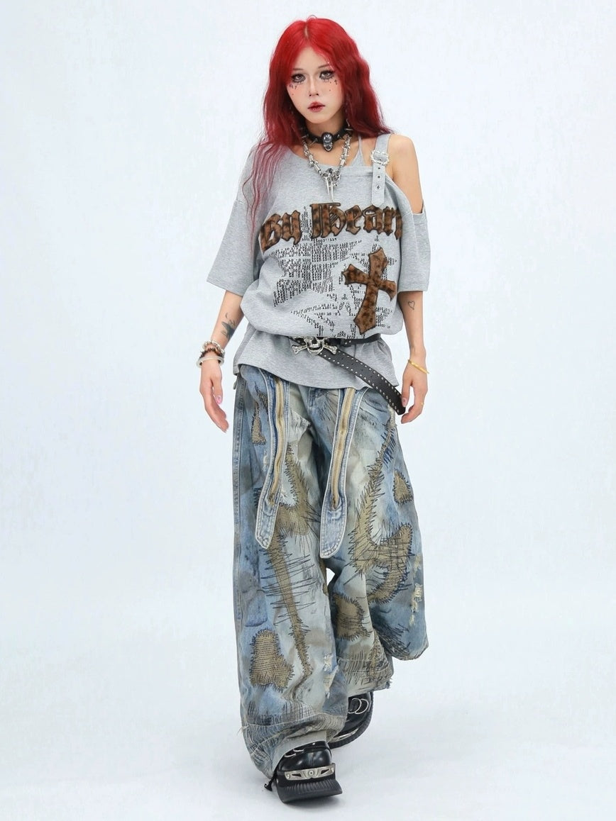 NANAICHILLI Creative Cotton 92% Printed Loose Street Slanted Neck Grey Brown T-Shirt