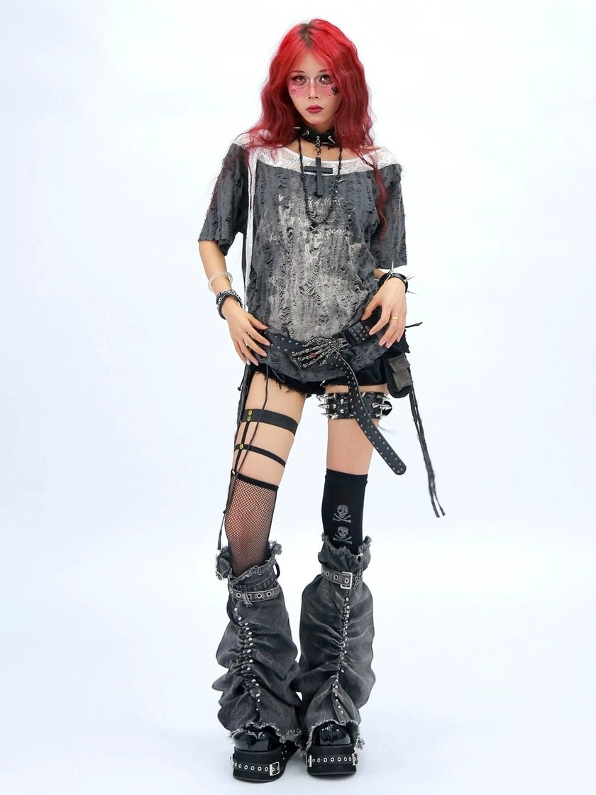 NANAICHILLI Creative Graphic Print Street Style Loose Fit Boat Neck White Gray T-Shirt