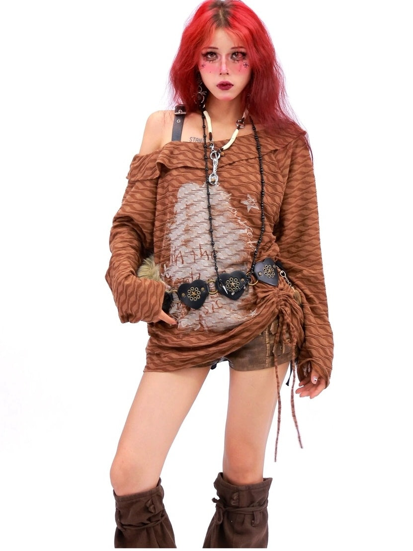 NANAICHILLI Creative Print Loose Boat Neck Commuter Women Black Brown Long Sleeve T-Shirt