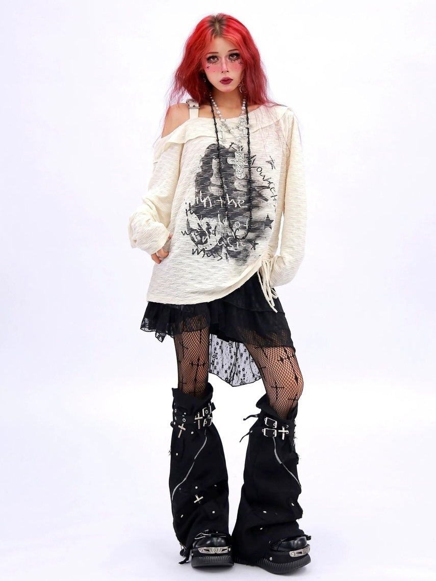 NANAICHILLI Creative Print Loose Boat Neck Commuter Women Black Brown Long Sleeve T-Shirt