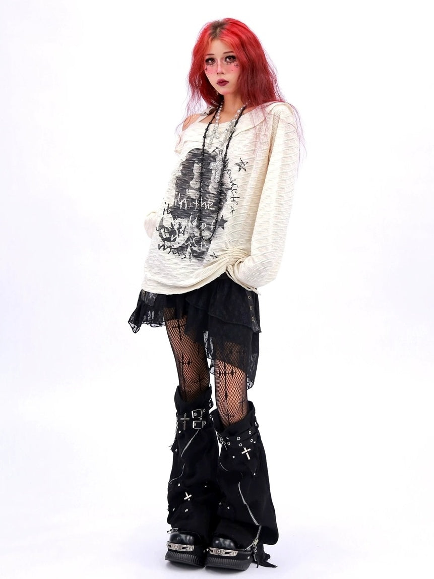 NANAICHILLI Creative Print Loose Boat Neck Commuter Women Black Brown Long Sleeve T-Shirt