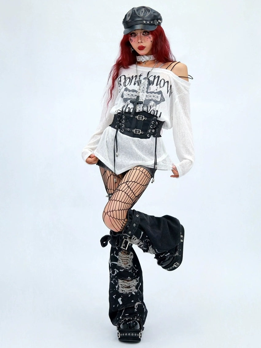 NANAICHILLI Creative Print Loose Fit Commuter Crew Neck Black White Long Sleeve T-Shirt