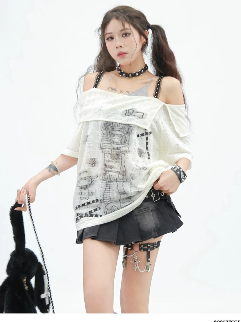 NANAICHILLI Creative Print Streetwear Loose Fit Boat Neck Short Sleeve Unisex T-Shirt