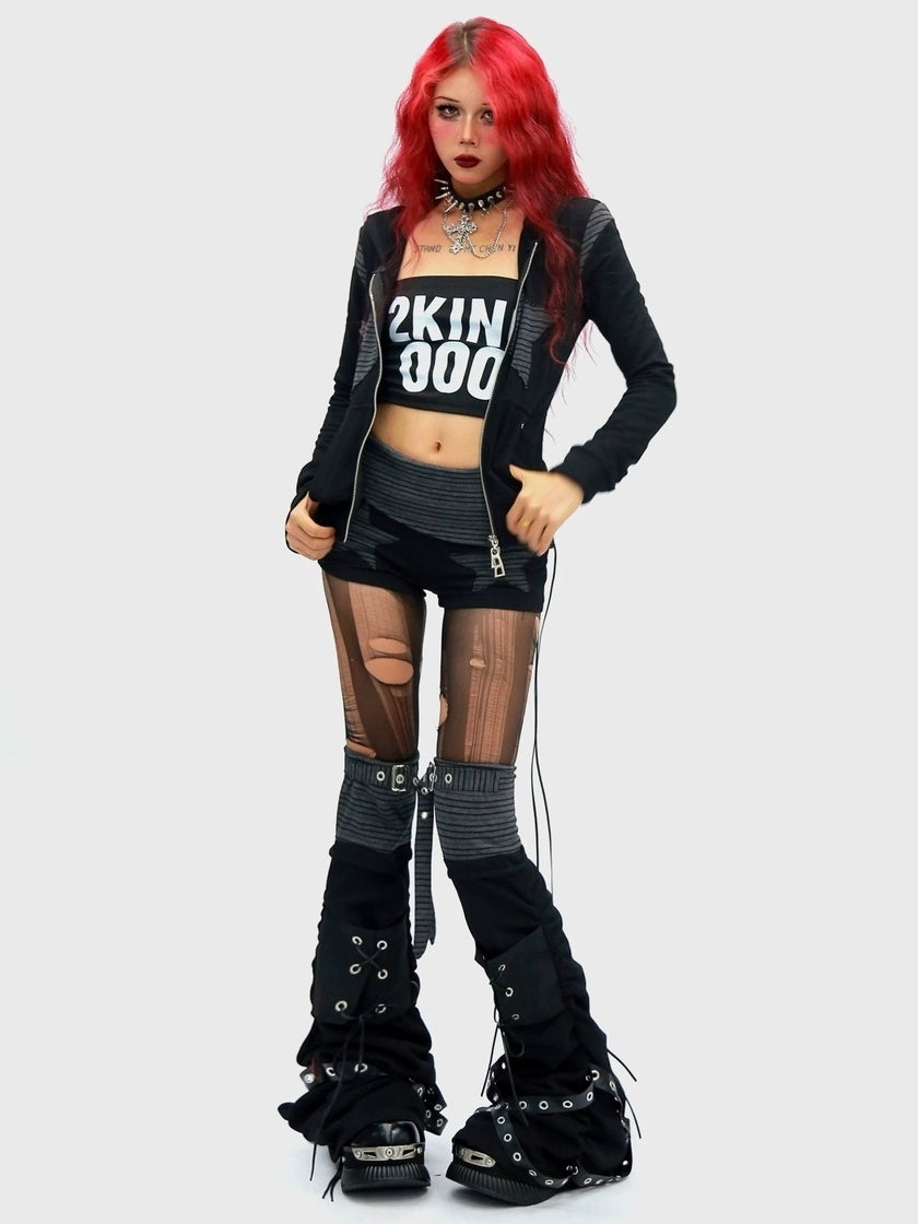 NANAICHILLI Cropped Zippered Patchwork Slim Fit Detachable Striped Women Casual Hoodies