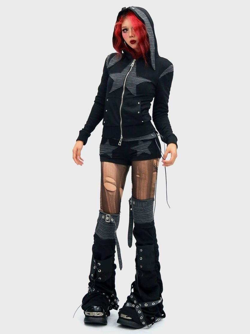 NANAICHILLI Cropped Zippered Patchwork Slim Fit Detachable Striped Women Casual Hoodies