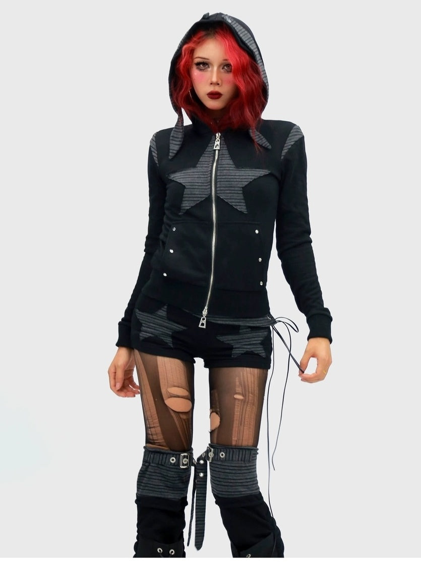 NANAICHILLI Cropped Zippered Patchwork Slim Fit Detachable Striped Women Casual Hoodies