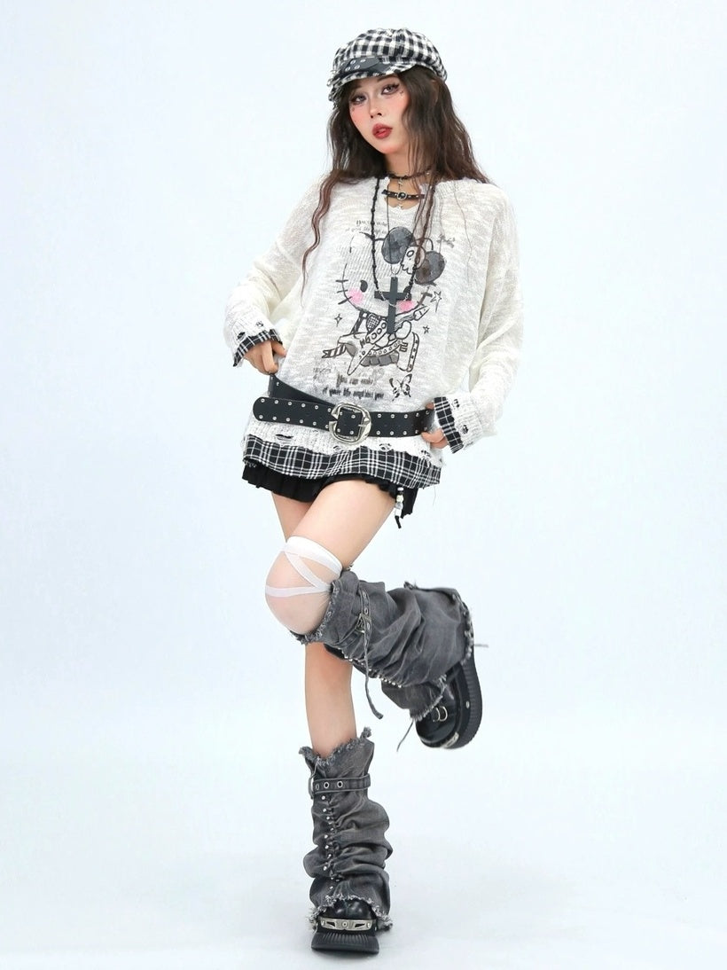 NANAICHILLI Cute Cartoon Anime Print Crew Neck Loose Fit Commuter Casual Long Sleeve T-Shirt