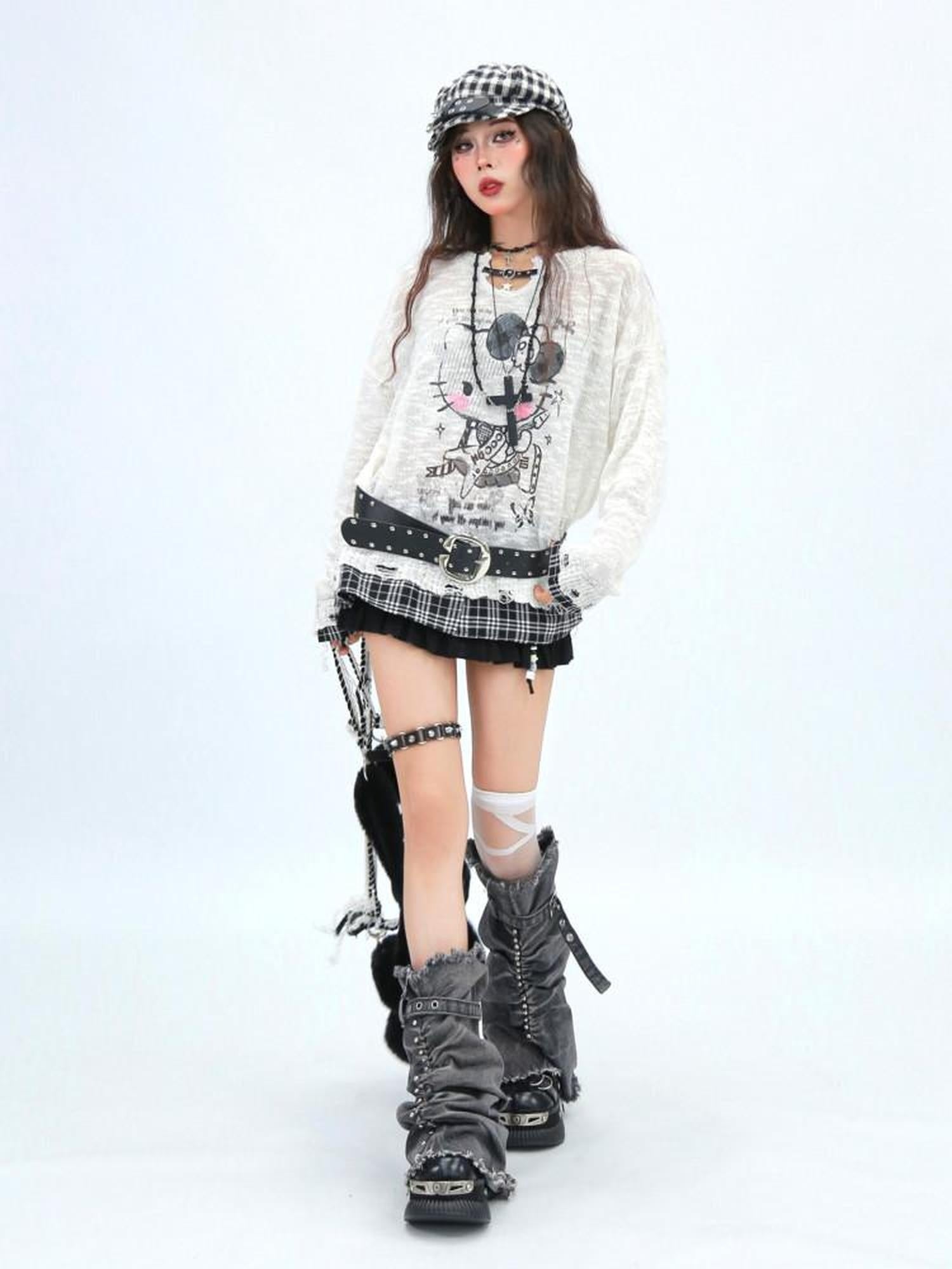 NANAICHILLI Cute Cartoon Anime Print Crew Neck Loose Fit Commuter Casual Long Sleeve T-Shirt