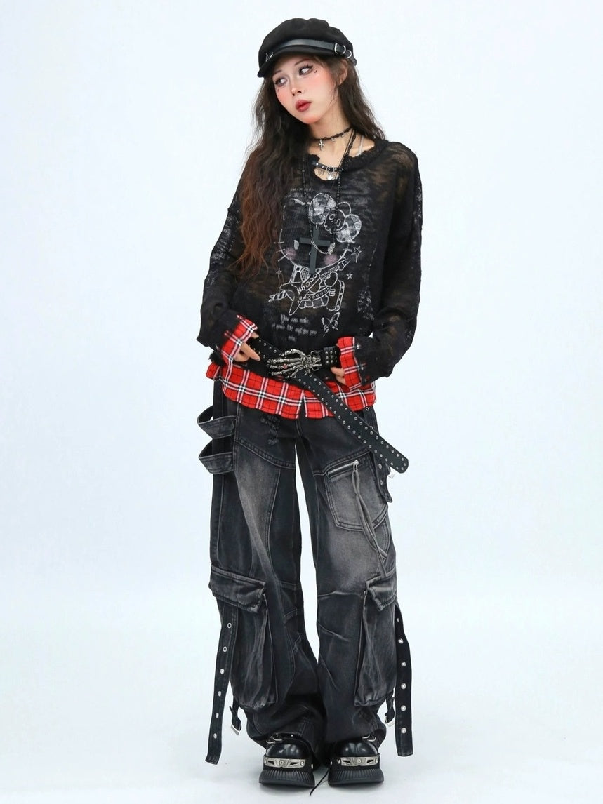 NANAICHILLI Cute Cartoon Anime Print Crew Neck Loose Fit Commuter Casual Long Sleeve T-Shirt