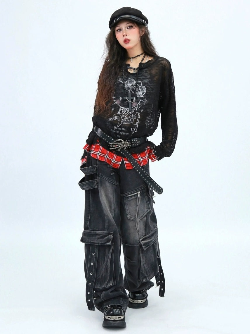 NANAICHILLI Cute Cartoon Anime Print Crew Neck Loose Fit Commuter Casual Long Sleeve T-Shirt