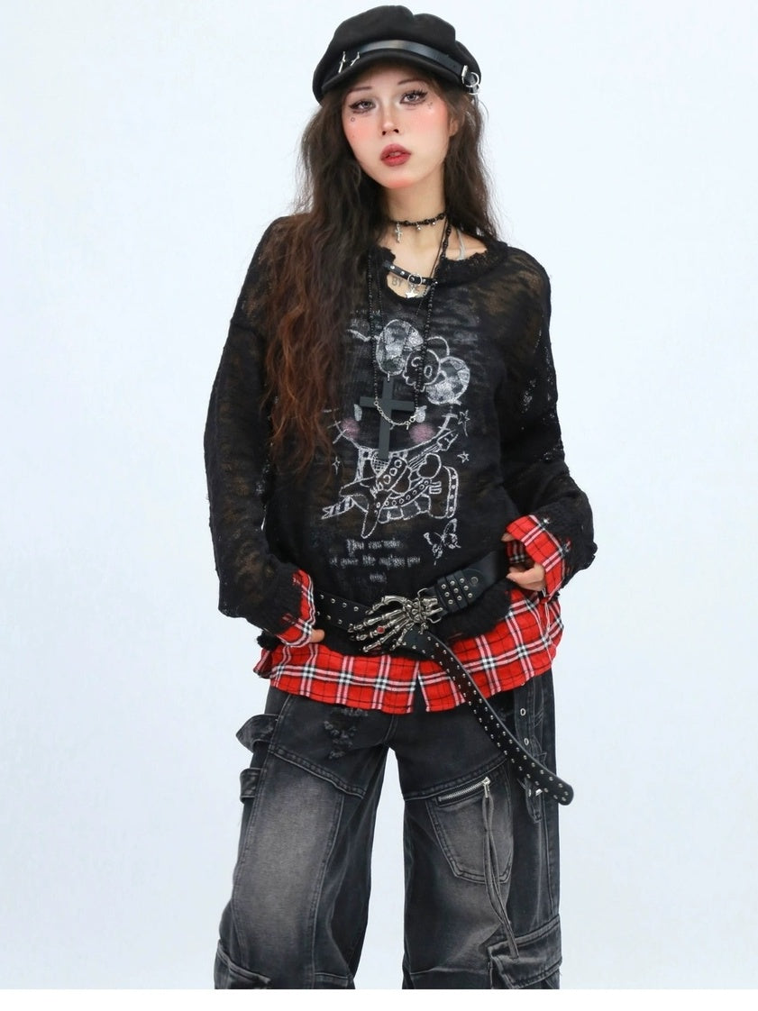 NANAICHILLI Cute Cartoon Anime Print Crew Neck Loose Fit Commuter Casual Long Sleeve T-Shirt