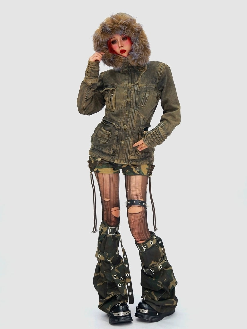 NANAICHILLI Detachable Fur Hood Cotton Street Cinched Waist Patch Pockets Utility Jacket