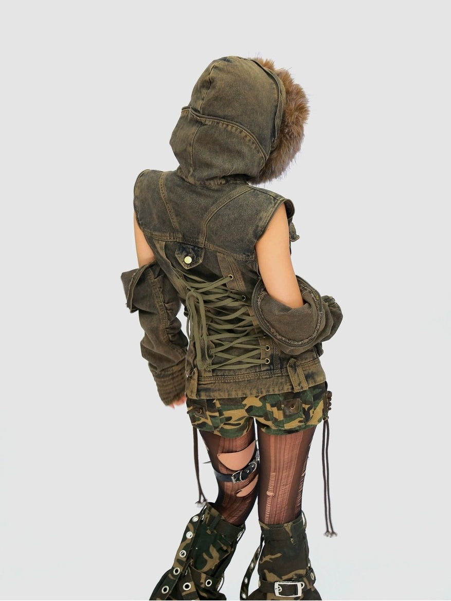 NANAICHILLI Detachable Fur Hood Cotton Street Cinched Waist Patch Pockets Utility Jacket