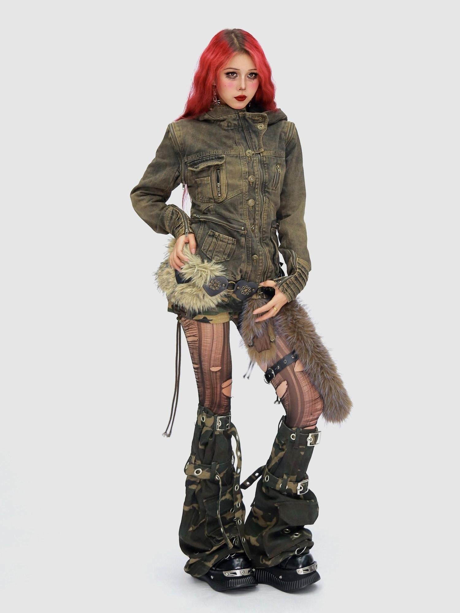 NANAICHILLI Detachable Fur Hood Cotton Street Cinched Waist Patch Pockets Utility Jacket