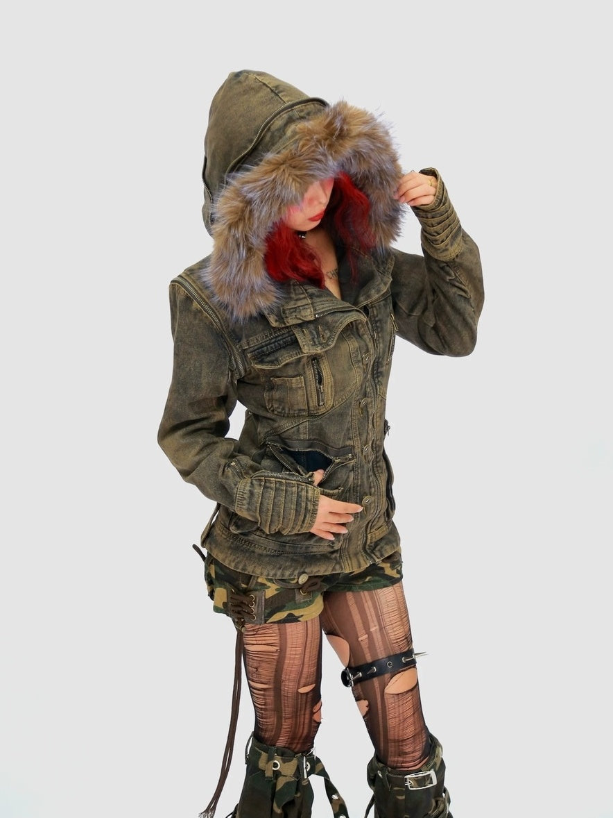 NANAICHILLI Detachable Fur Hood Cotton Street Cinched Waist Patch Pockets Utility Jacket