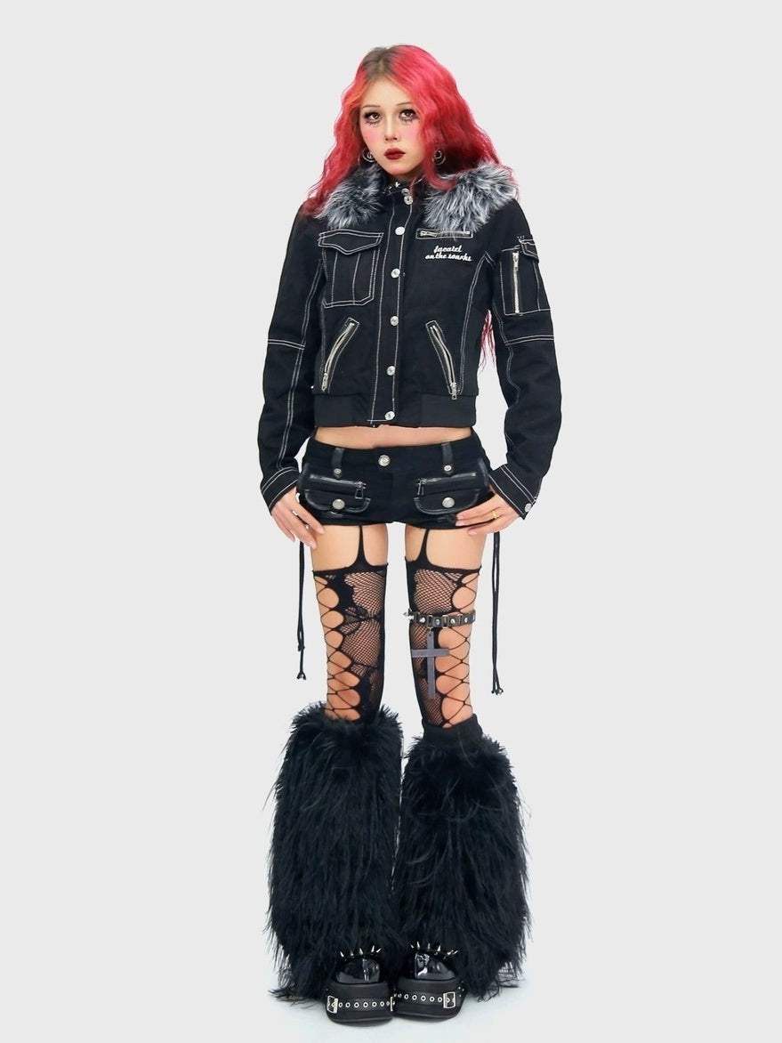 NANAICHILLI Detachable Fur Slim Gothic Hooded Black Cotton Patch Pocket Women Utility Jacket