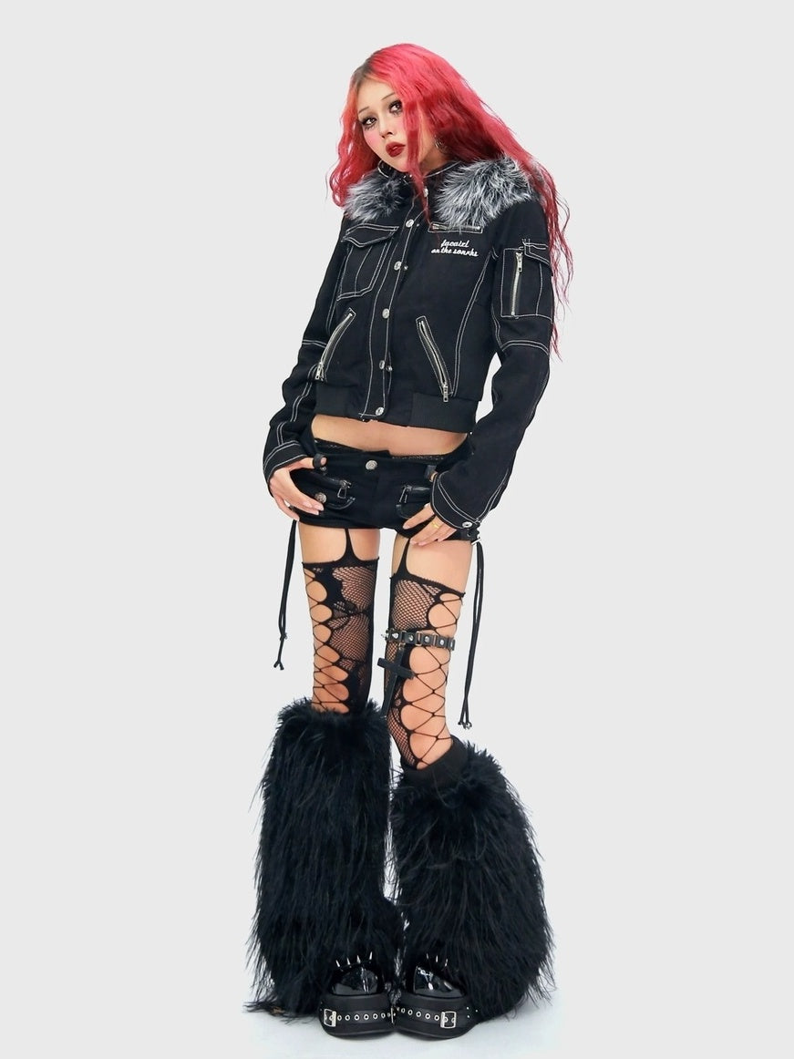 NANAICHILLI Detachable Fur Slim Gothic Hooded Black Cotton Patch Pocket Women Utility Jacket