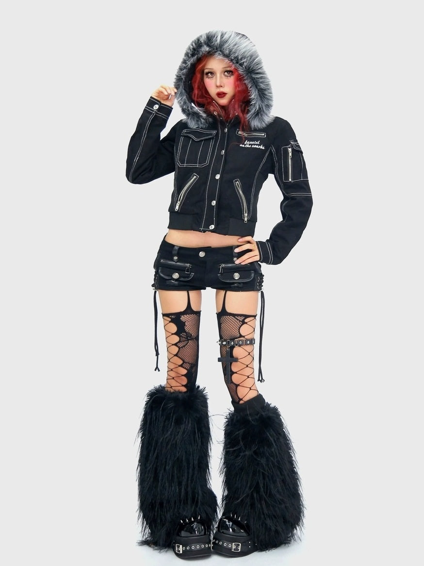 NANAICHILLI Detachable Fur Slim Gothic Hooded Black Cotton Patch Pocket Women Utility Jacket