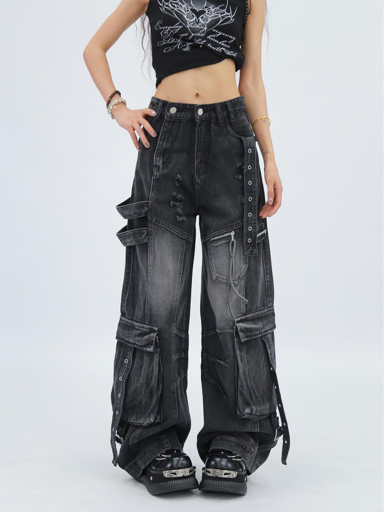 NANAICHILLI Durable Vintage Washed Wide Leg Natural Waist Youth Casual Black Blue Jeans