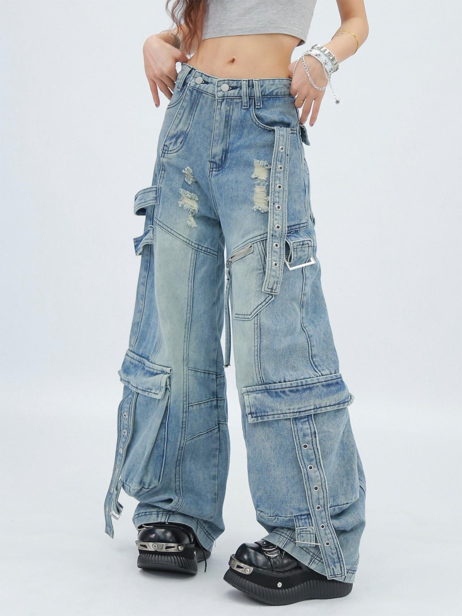 NANAICHILLI Durable Vintage Washed Wide Leg Natural Waist Youth Casual Black Blue Jeans