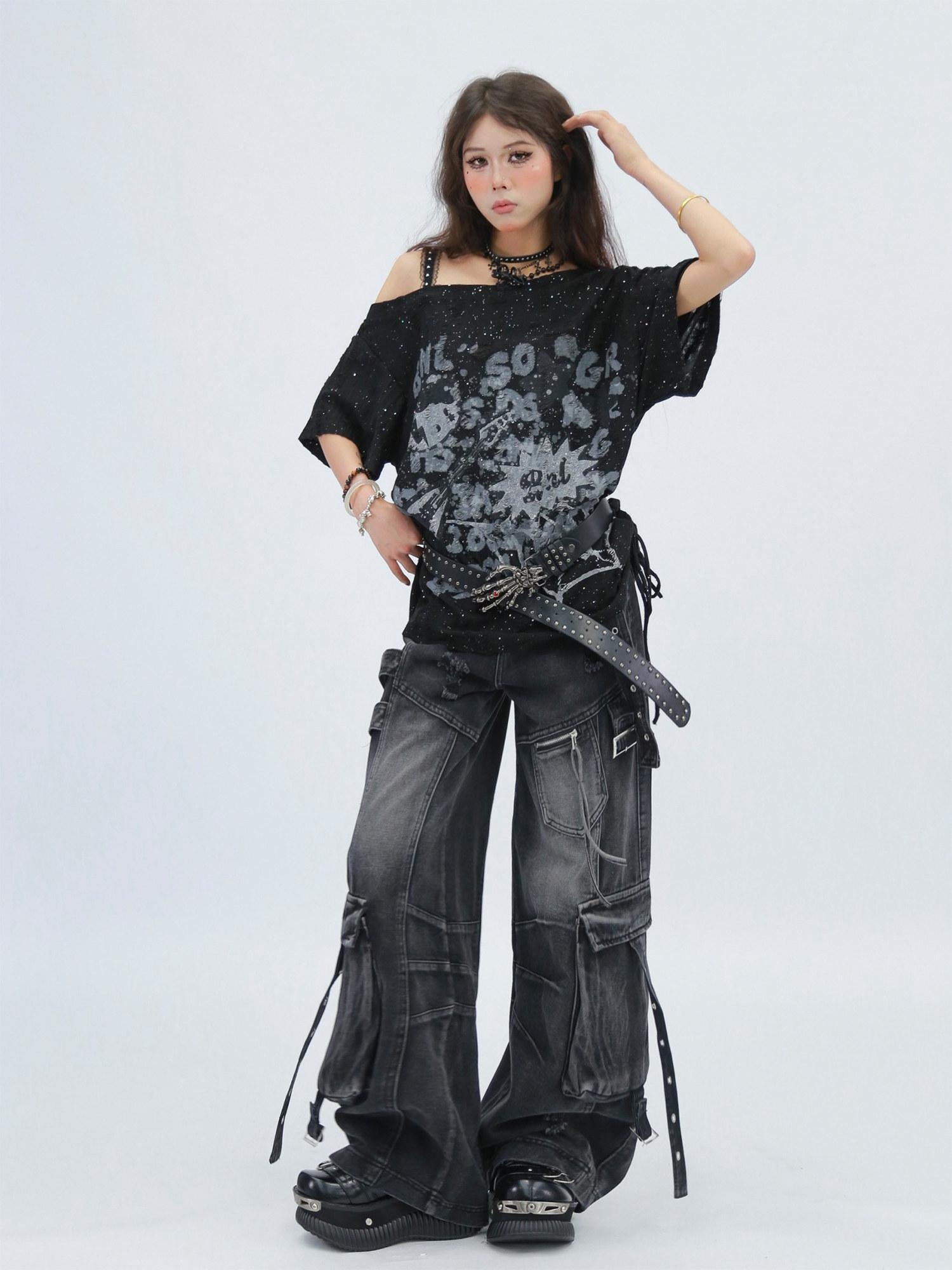 NANAICHILLI Durable Vintage Washed Wide Leg Natural Waist Youth Casual Black Blue Jeans