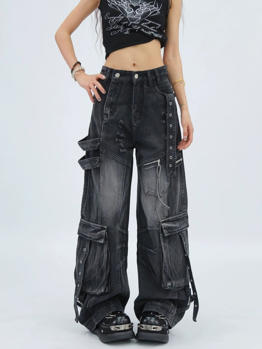 NANAICHILLI Durable Vintage Washed Wide Leg Natural Waist Youth Casual Black Blue Jeans