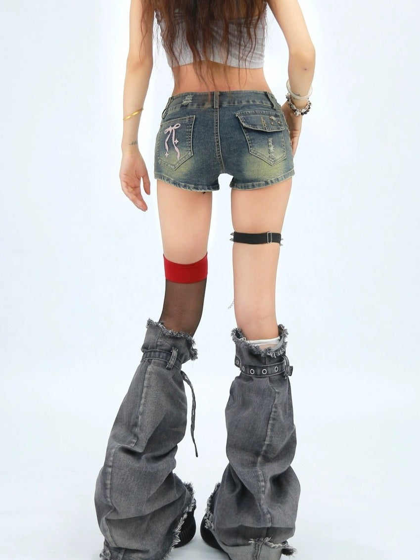 NANAICHILLI Durable Washed Embroidered Low Rise Slim Stretch Denim Skinny Shorts