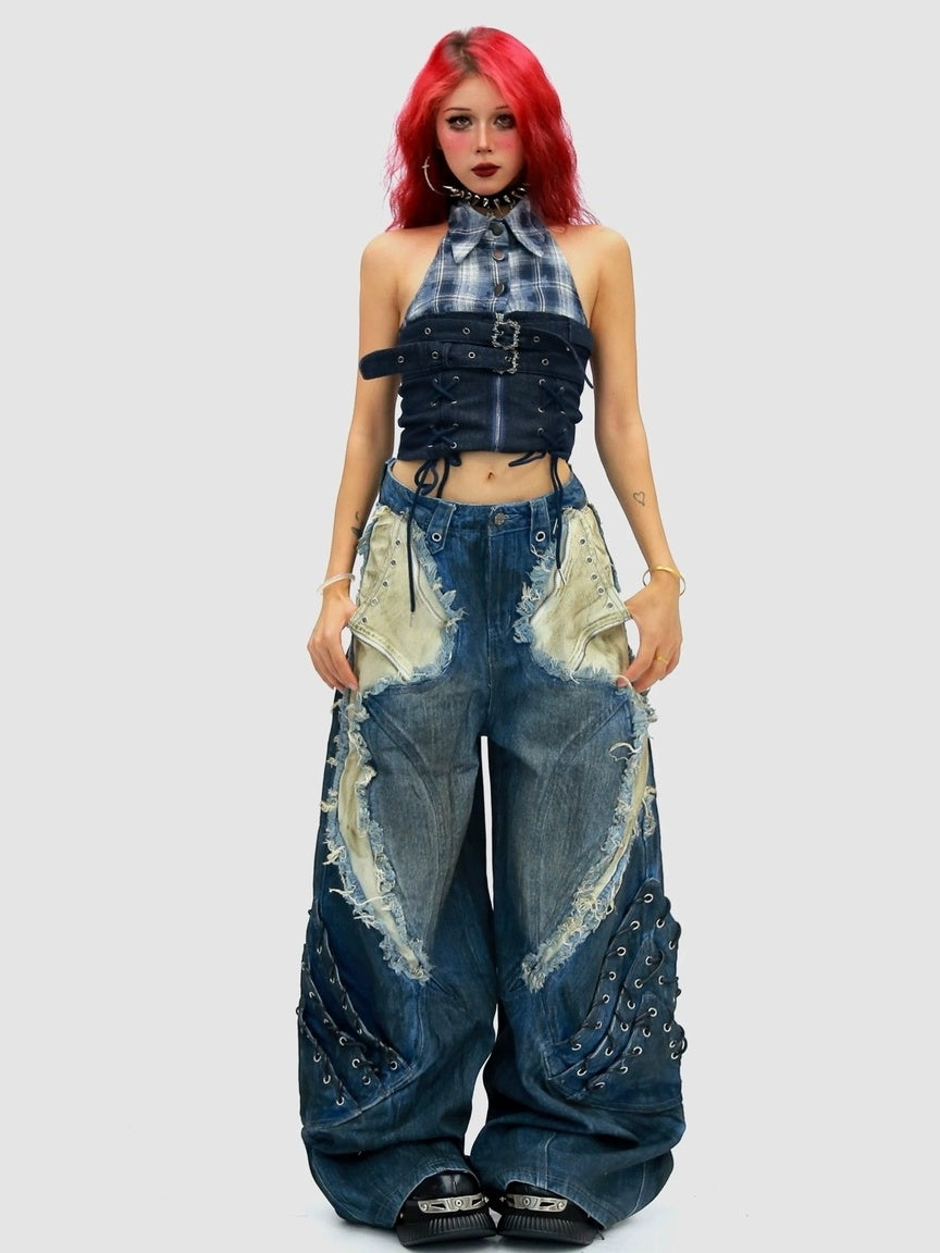 NANAICHILLI Durable Wasteland Distressed Relaxed Natural Waist Teen Cotton Tie Dye Jeans