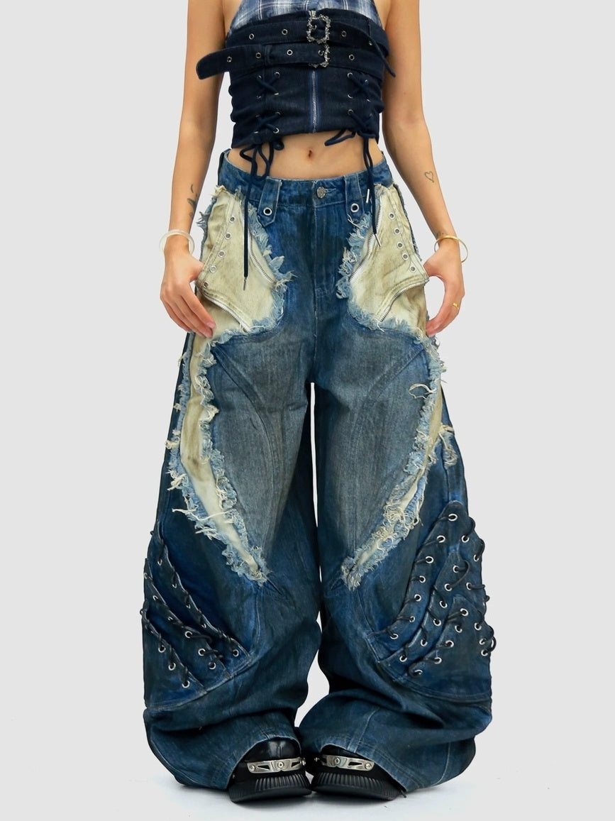 NANAICHILLI Durable Wasteland Distressed Relaxed Natural Waist Teen Cotton Tie Dye Jeans