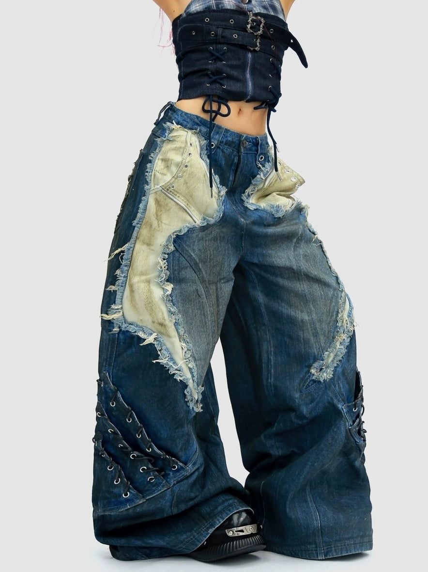 NANAICHILLI Durable Wasteland Distressed Relaxed Natural Waist Teen Cotton Tie Dye Jeans