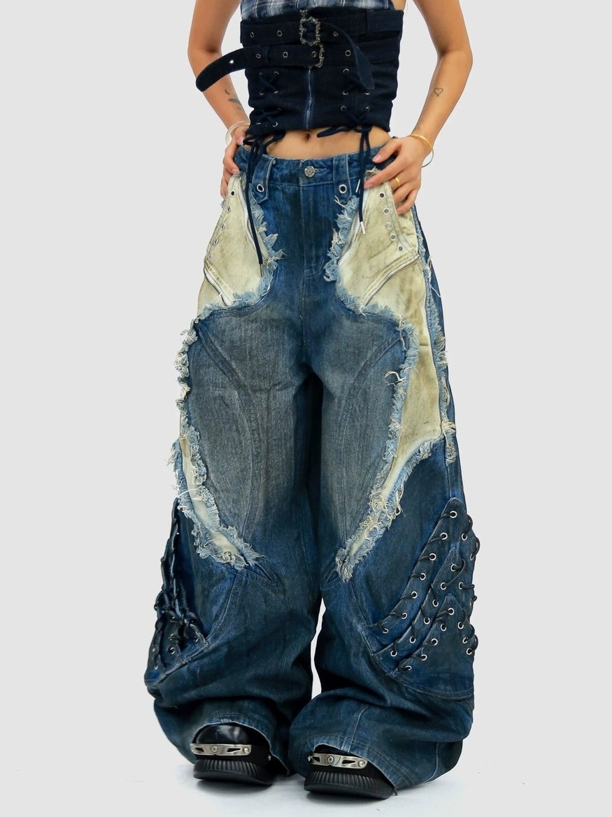 NANAICHILLI Durable Wasteland Distressed Relaxed Natural Waist Teen Cotton Tie Dye Jeans