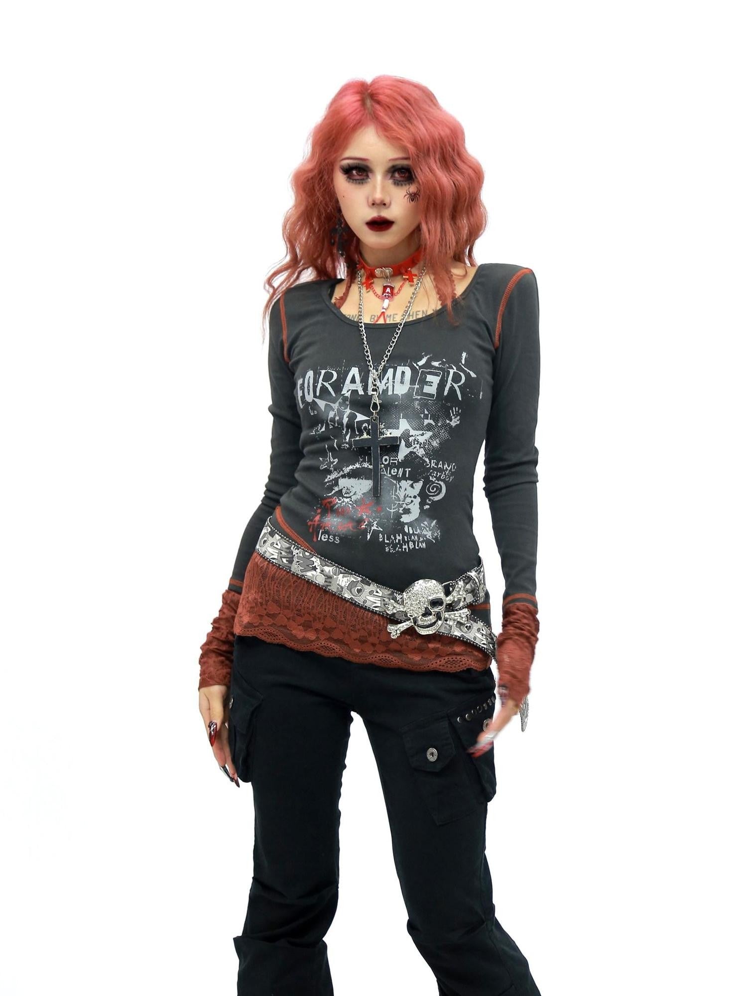 NANAICHILLI Graffiti Letter Print Lace Spliced Halter Women&